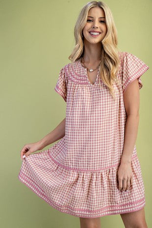 Picnic Gingham Babydoll Dress- Pink