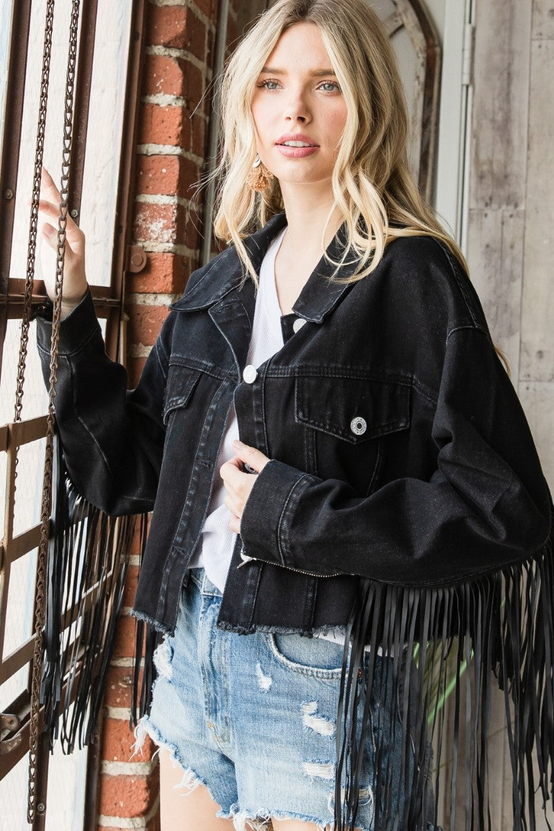 Plus Faux Leather Fringe Cropped Denim Jacket