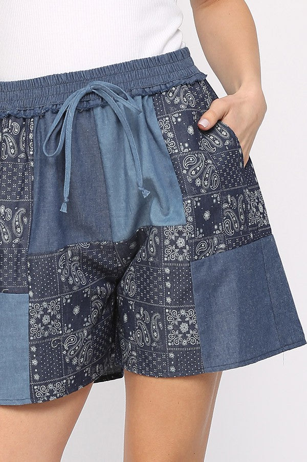 Patchwork denim shorts