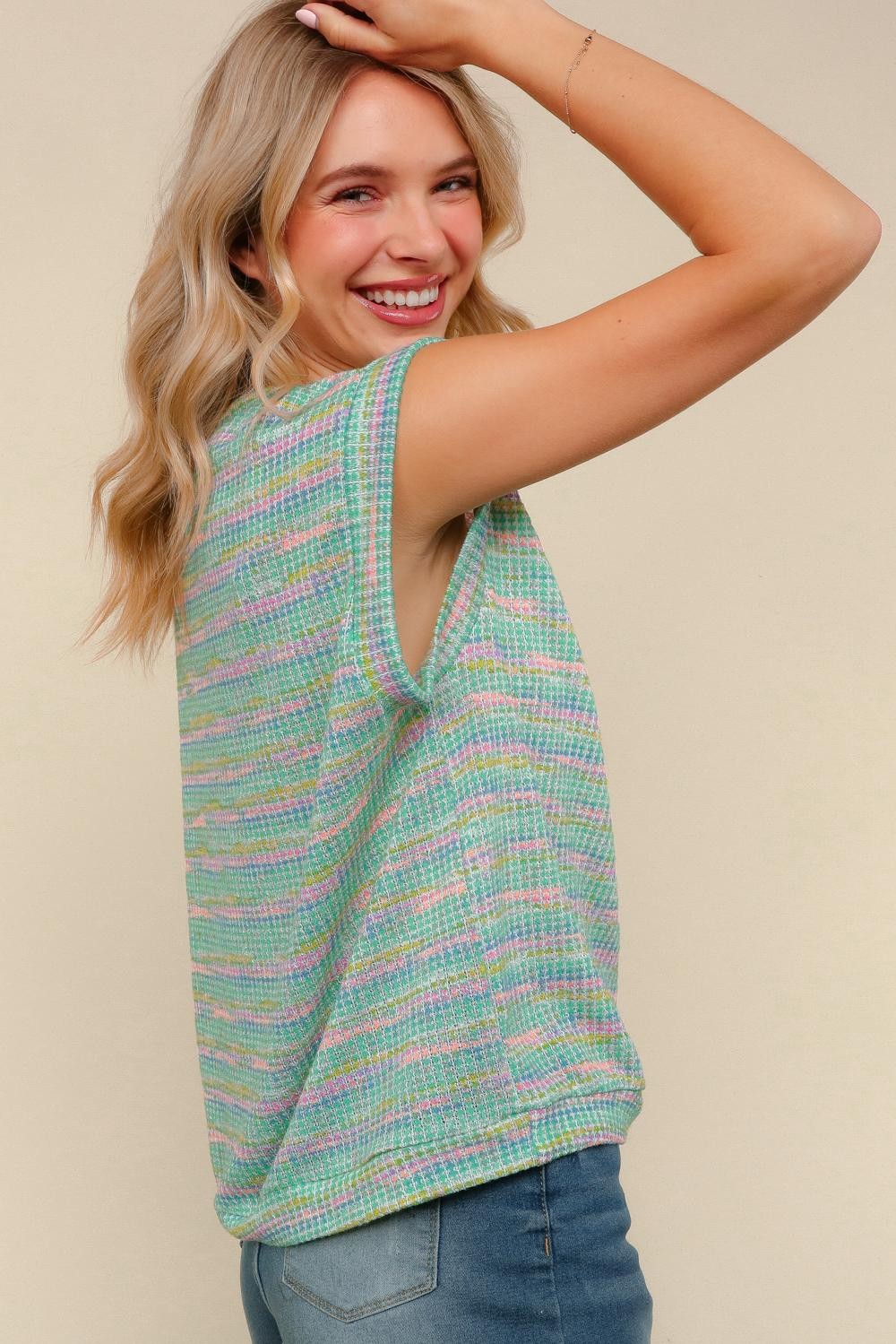 Plus Multi Color Stripe Textured Waffle Knit Top