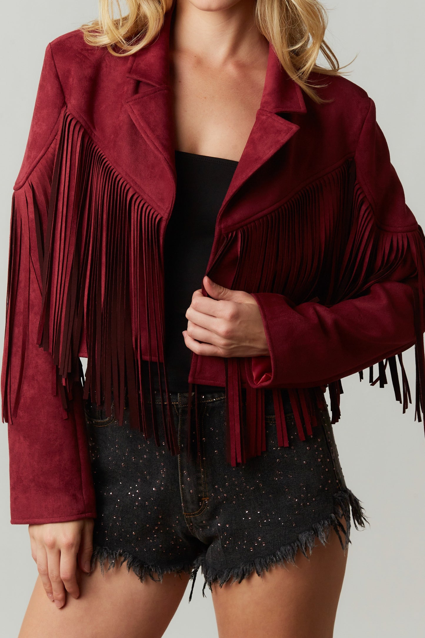 Wine Fringe Suede Jacket