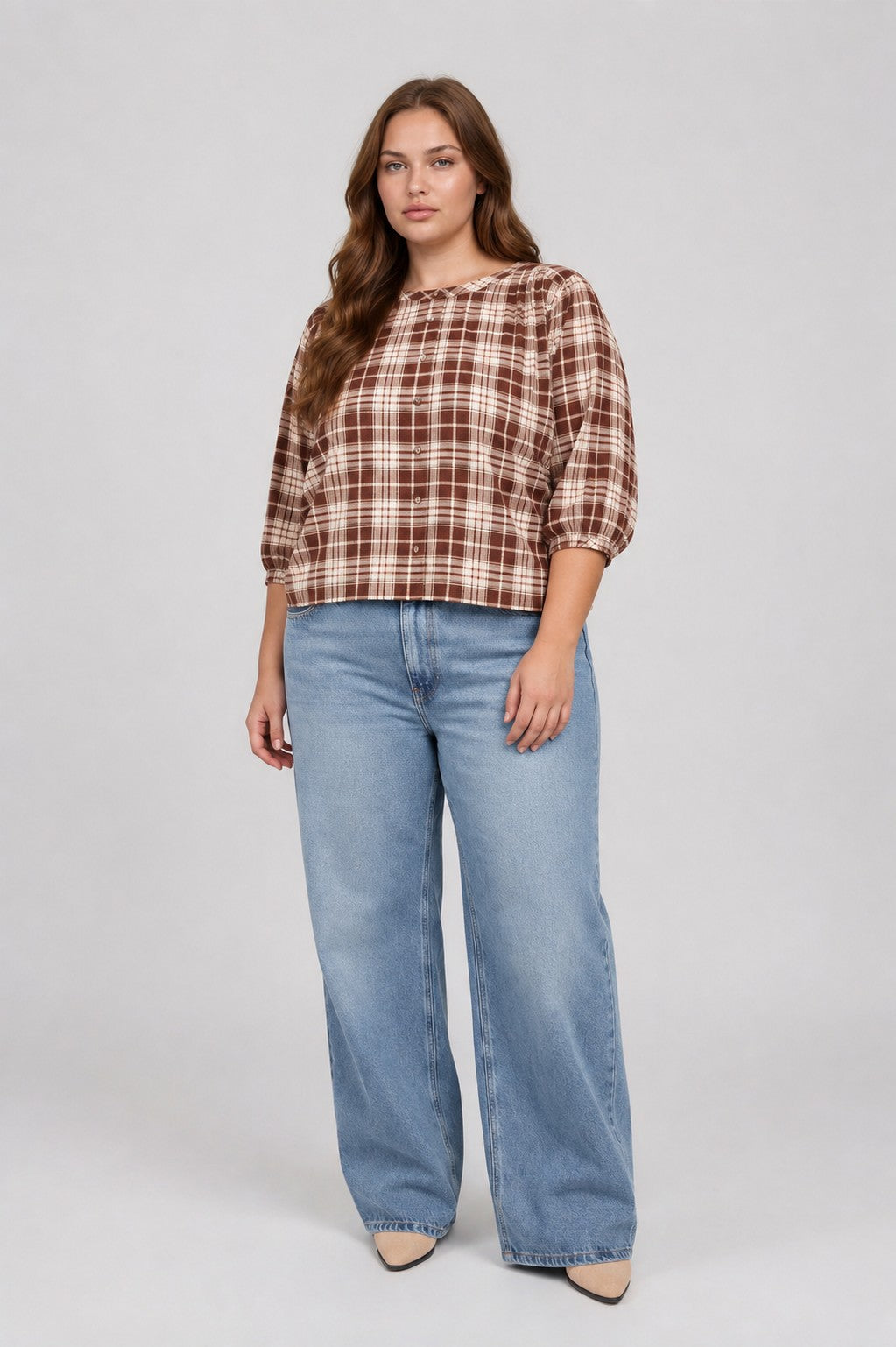 Plus Plaid Round Neck Button Front 3/4 Sleeve Top