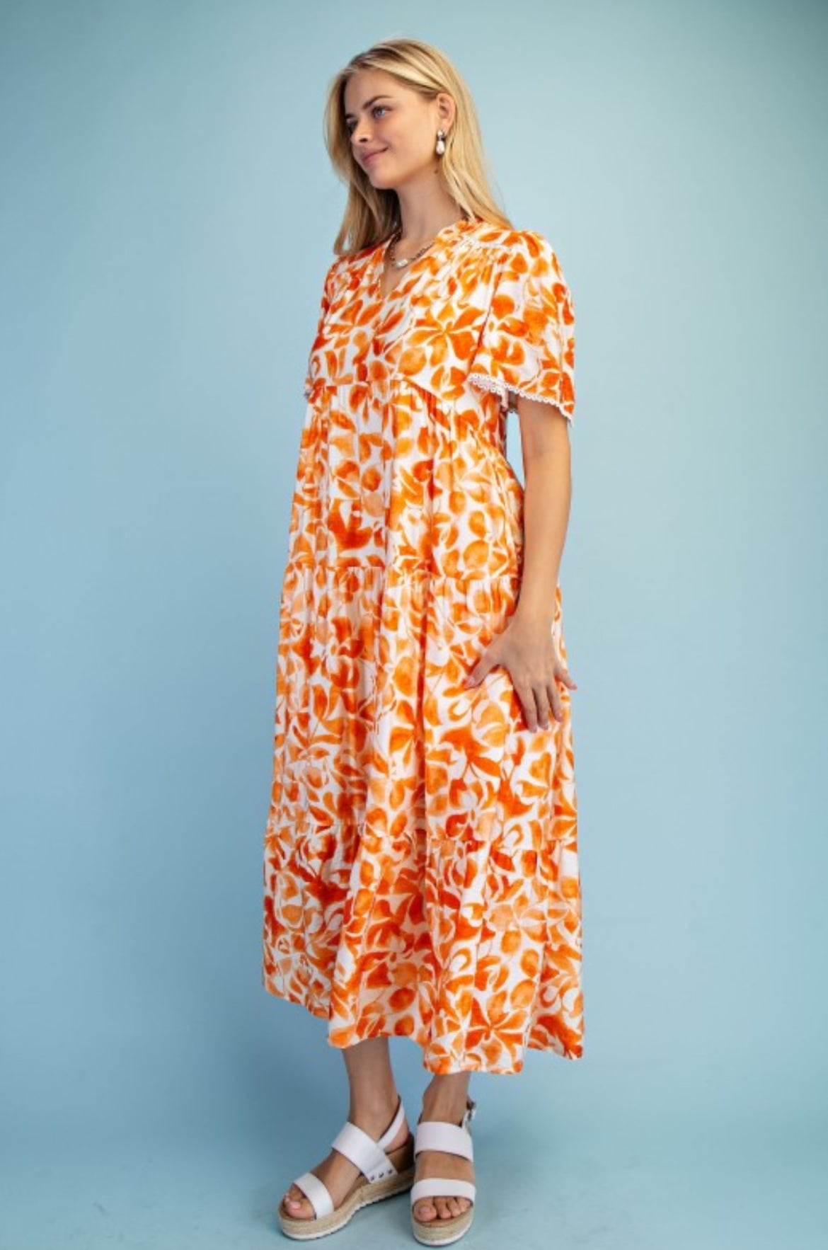 Watercolor Floral Tiered V-neck Midi Dress