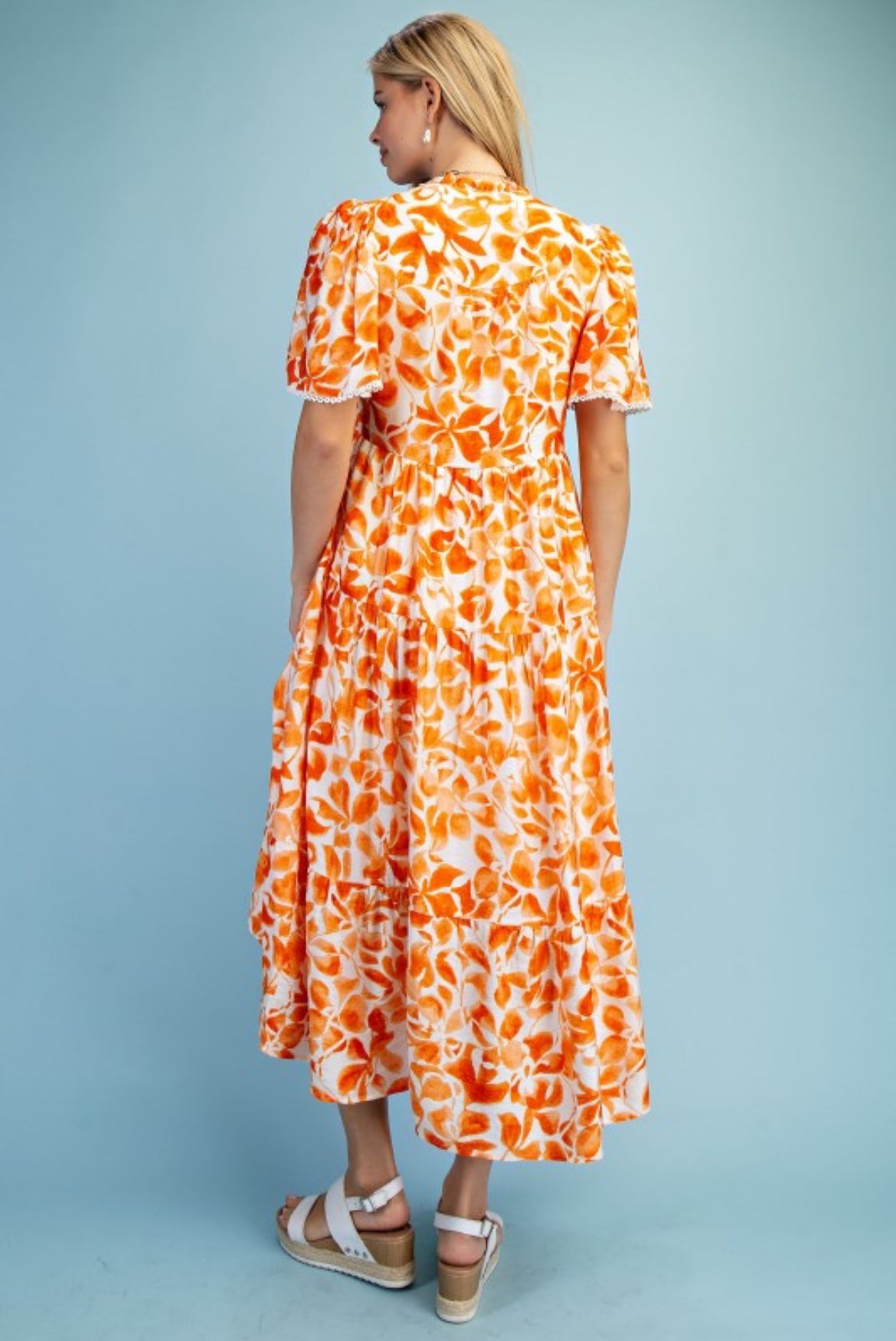Watercolor Floral Tiered V-neck Midi Dress
