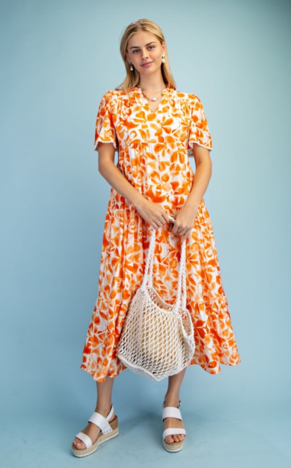 Watercolor Floral Tiered V-neck Midi Dress