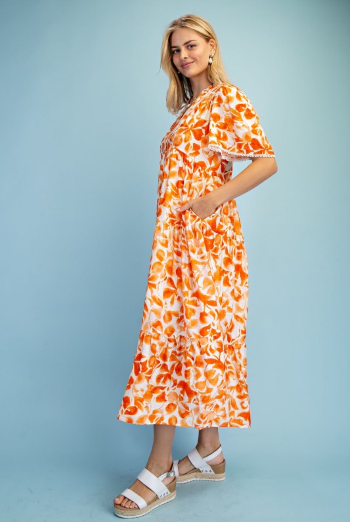 Watercolor Floral Tiered V-neck Midi Dress