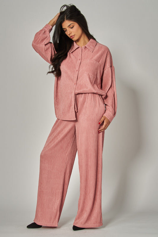 Crinkled Plisse Button Down Shirt Loungewear Set