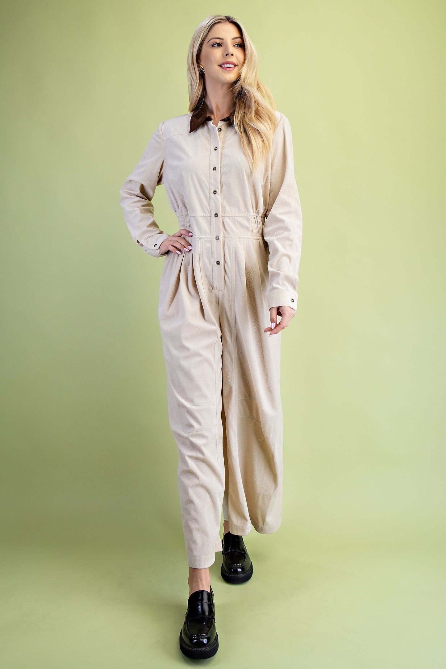 Textured Velveteen Button Down Jumpsuit