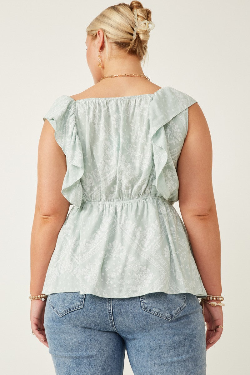 Plus Handkerchief Print Smocked Ruffle Tank