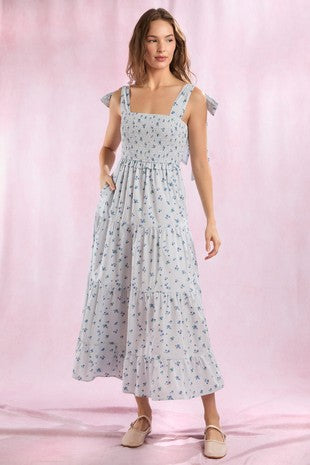 Poplin Floral Stripe Printed Shoulder Tie Maxi