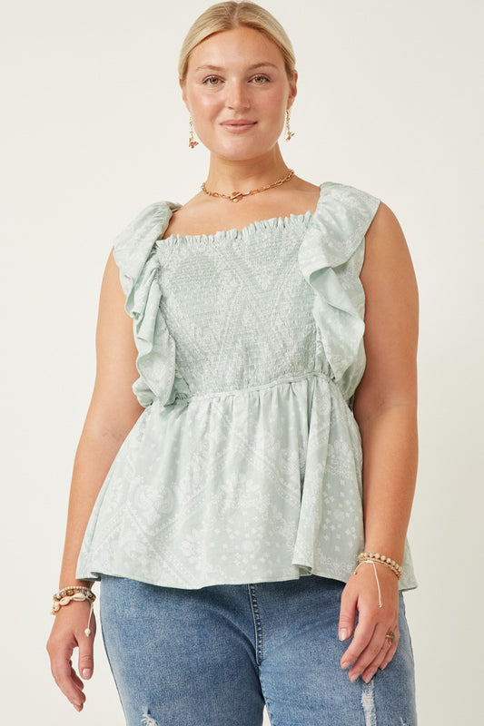 Plus Handkerchief Print Smocked Ruffle Tank
