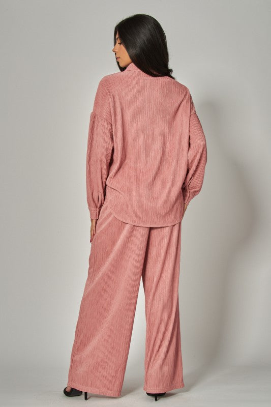 Crinkled Plisse Button Down Shirt Loungewear Set
