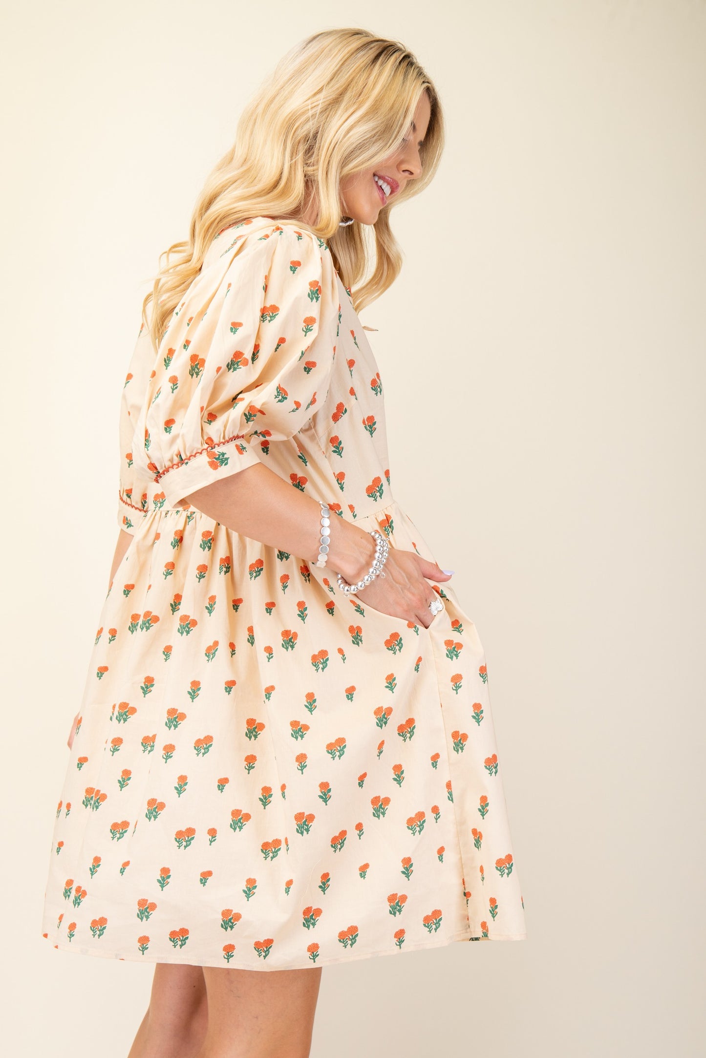 Peach Blossom Puff Sleeve Dress