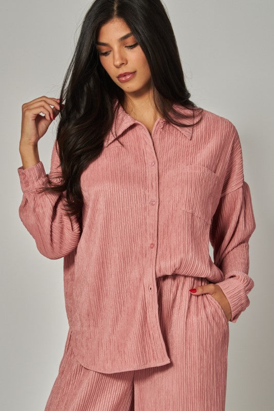 Crinkled Plisse Button Down Shirt Loungewear Set