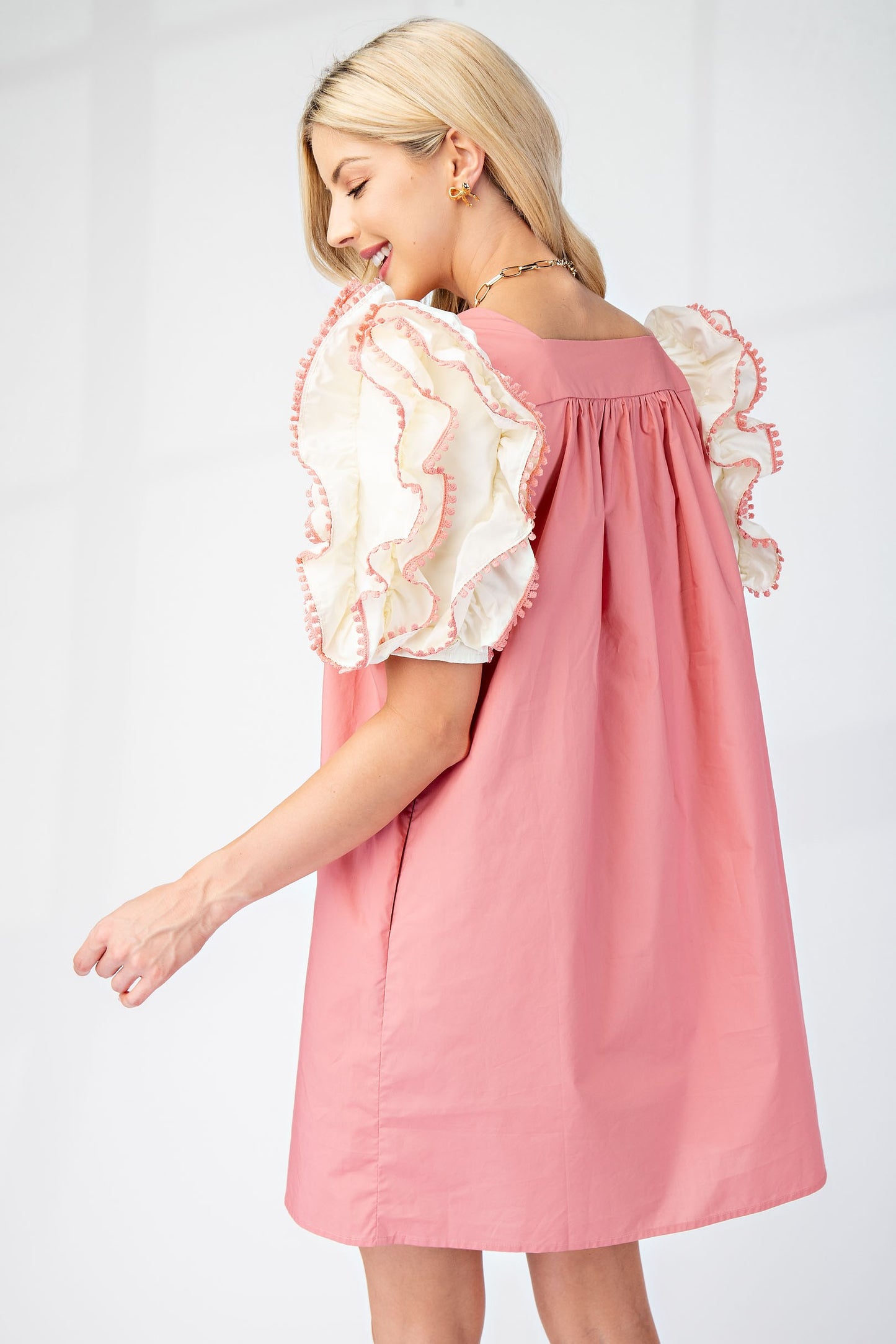 Pink Ruffle Sleeve Babydoll Dress
