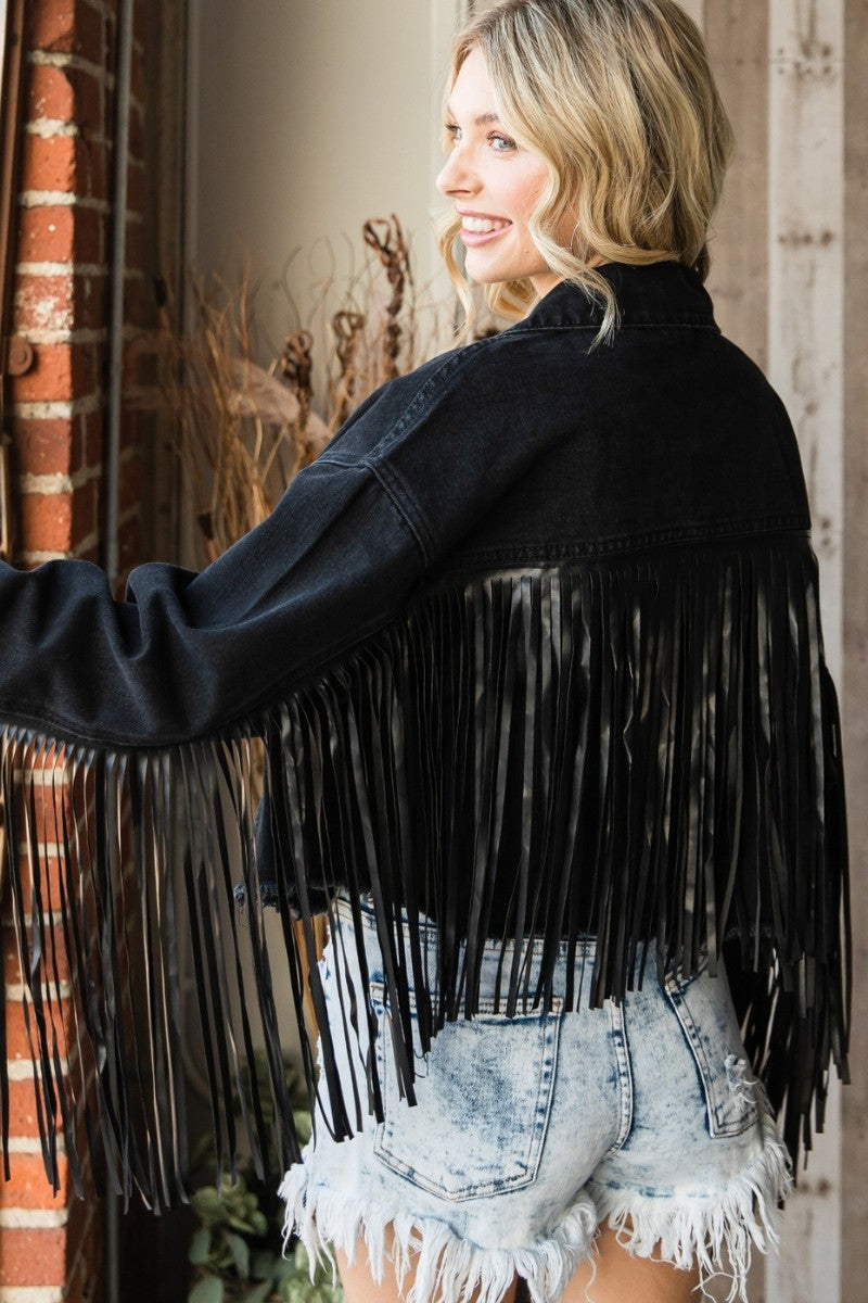 Plus Faux Leather Fringe Cropped Denim Jacket