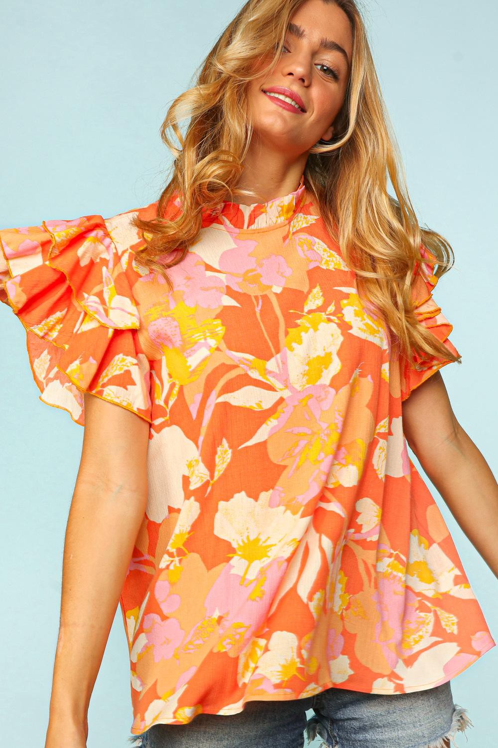 Plus Floral Mock Neck Layered Ruffle Short Sleeve