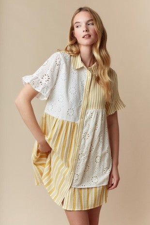Mixed Print Eyelet Shirt Dress