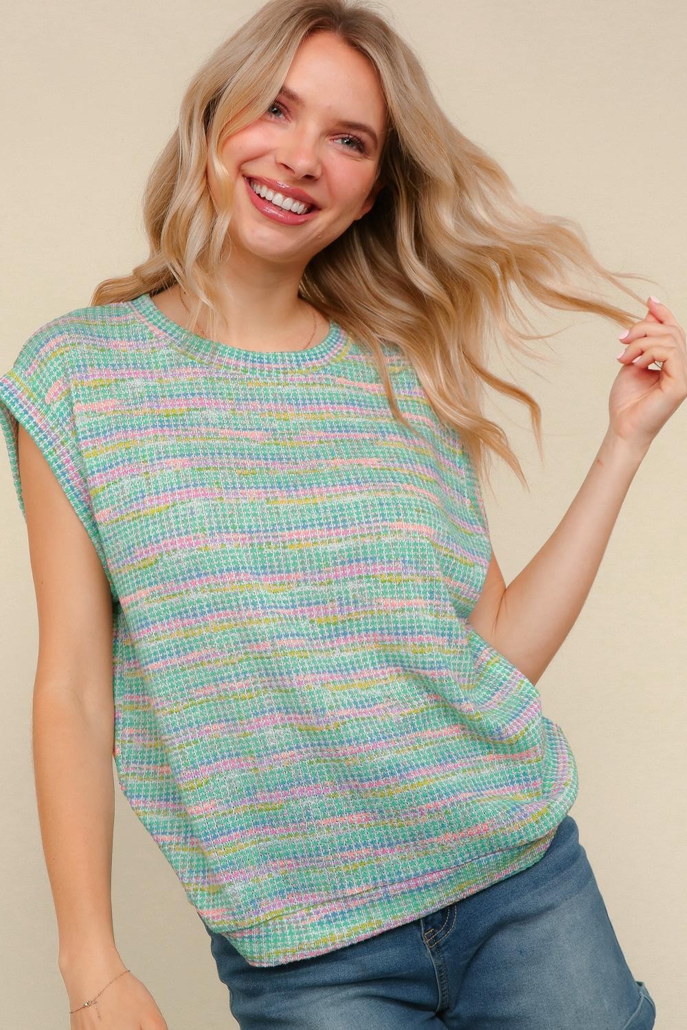 Plus Multi Color Stripe Textured Waffle Knit Top