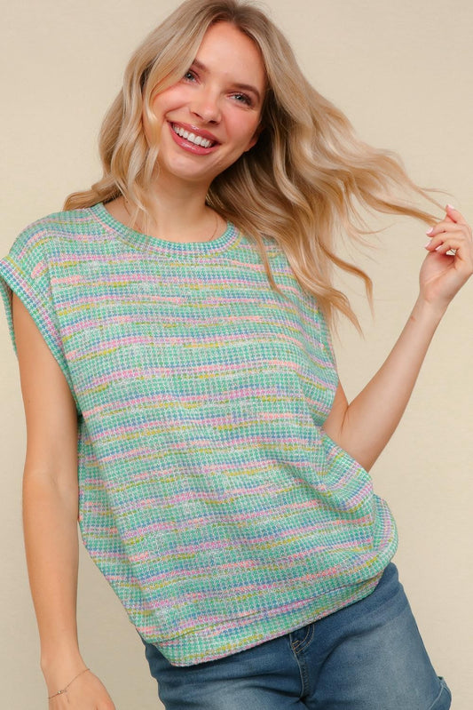 Plus Multi Color Stripe Textured Waffle Knit Top
