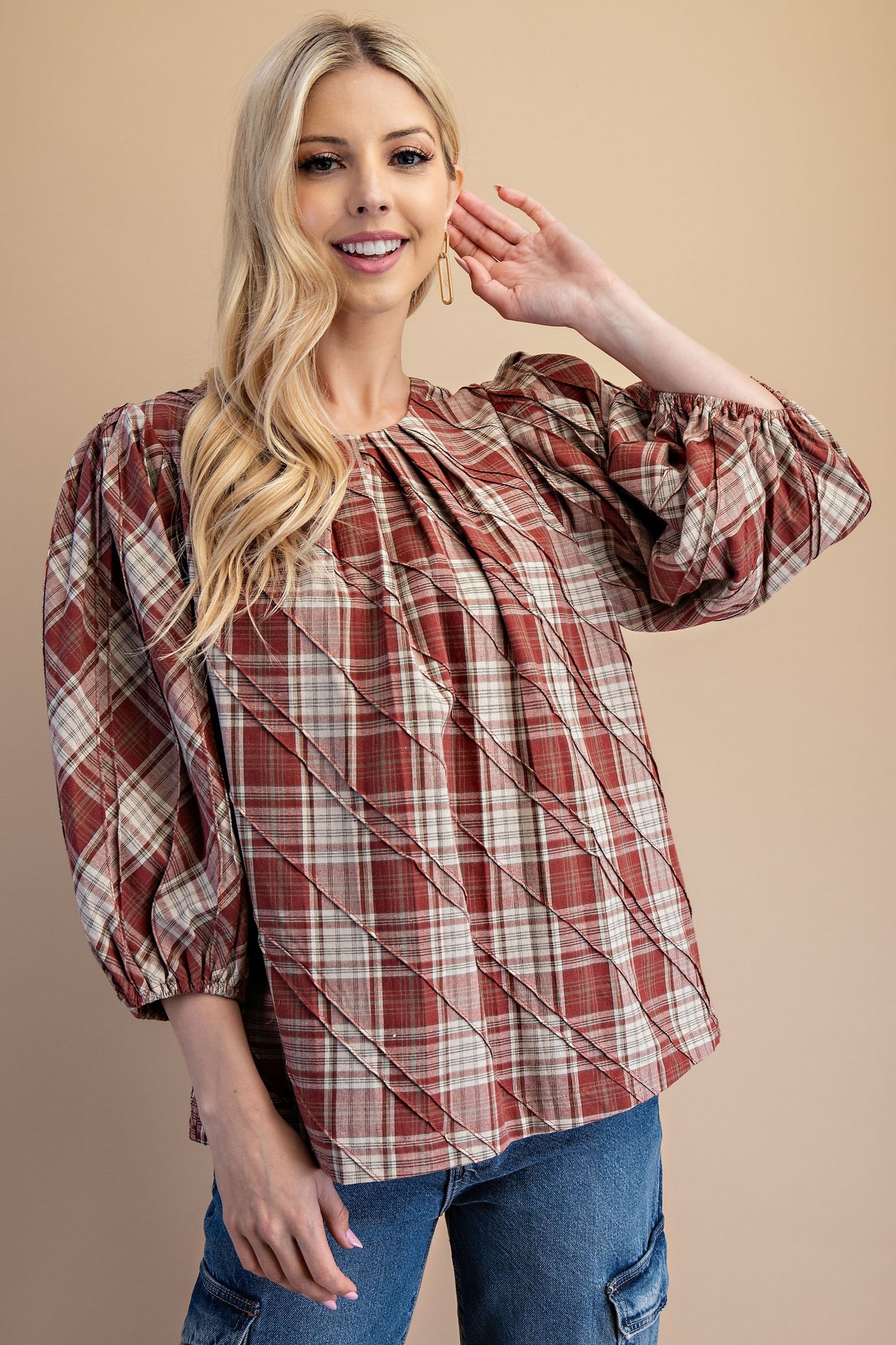 Plaid Puff Sleeve Blouse