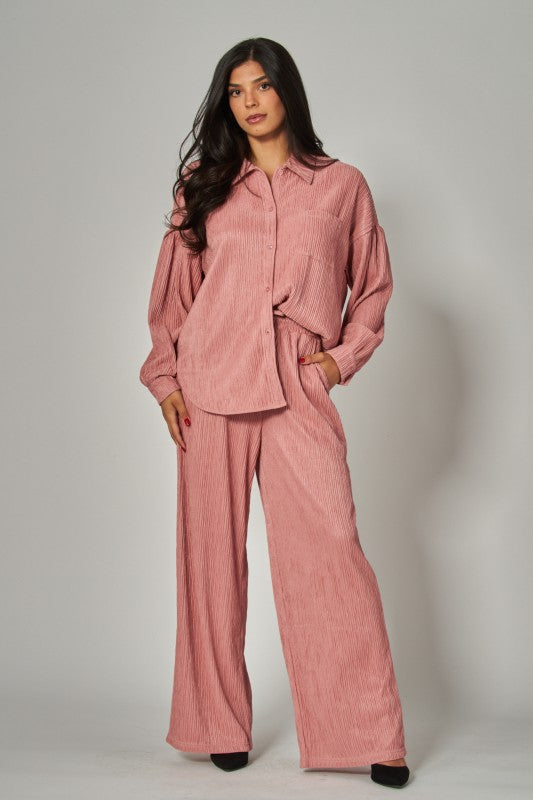 Crinkled Plisse Button Down Shirt Loungewear Set