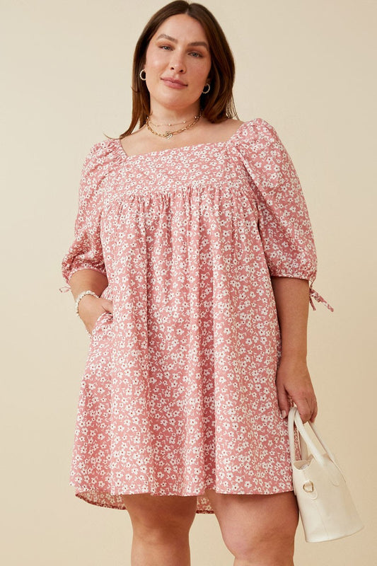 Plus Ditsy Floral Square Neck Poplin Dress