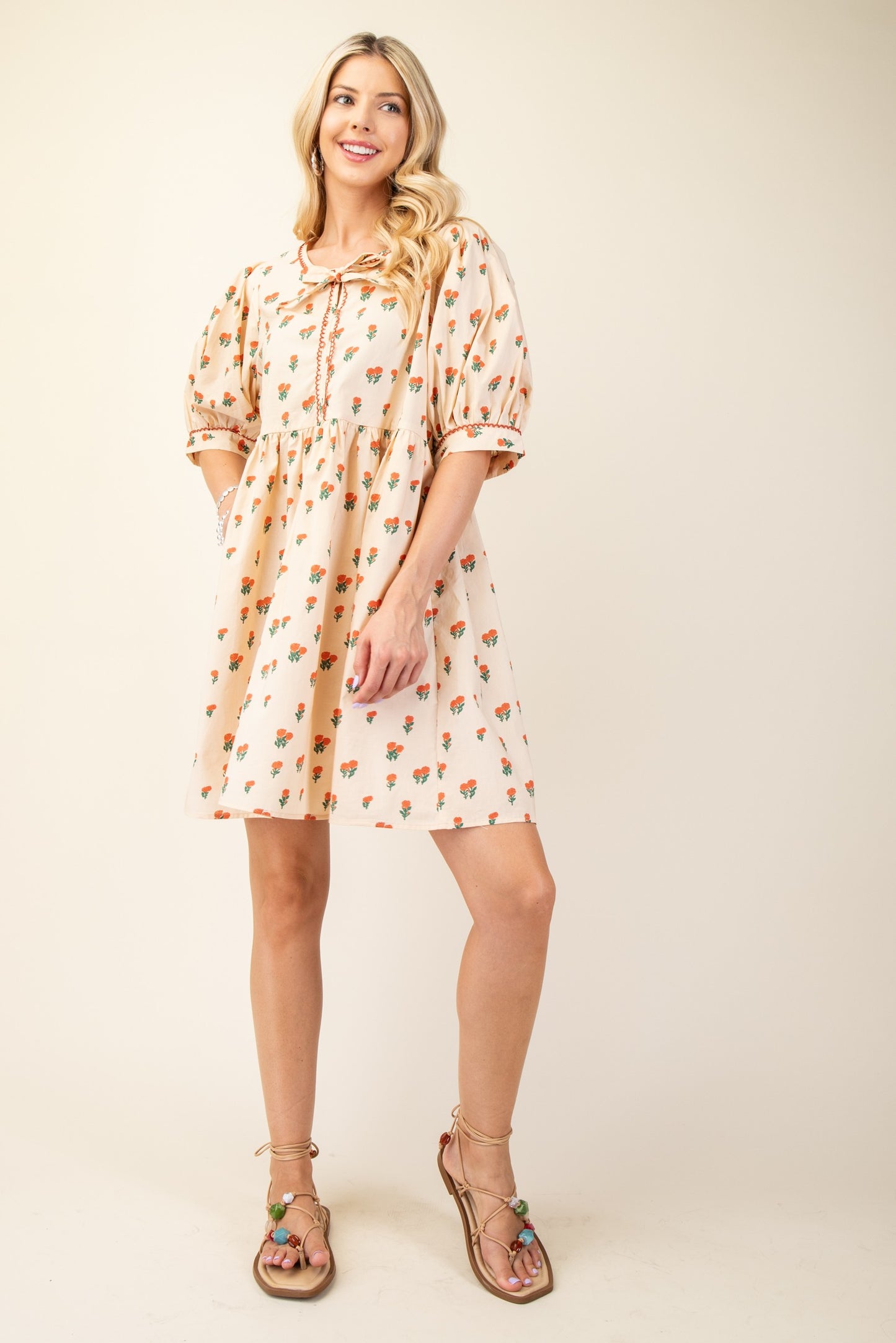 Peach Blossom Puff Sleeve Dress
