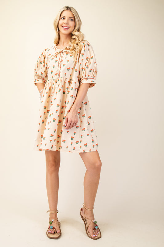 Peach Blossom Puff Sleeve Dress