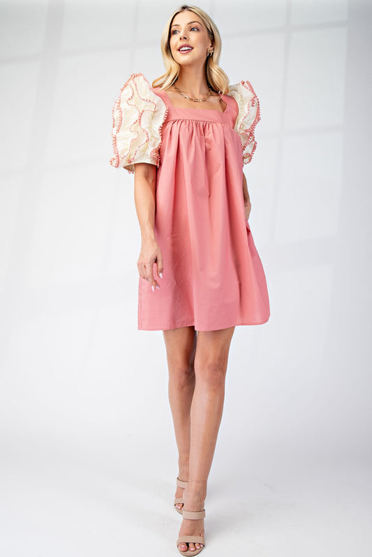 Pink Ruffle Sleeve Babydoll Dress