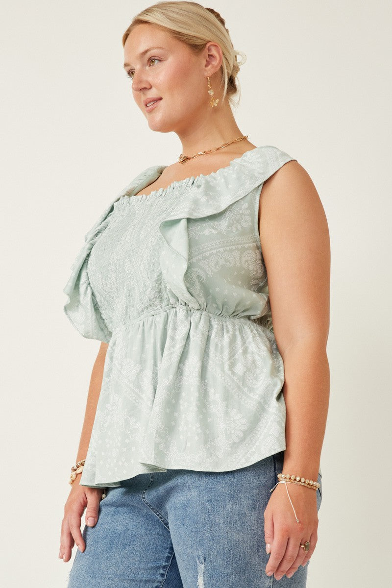 Plus Handkerchief Print Smocked Ruffle Tank