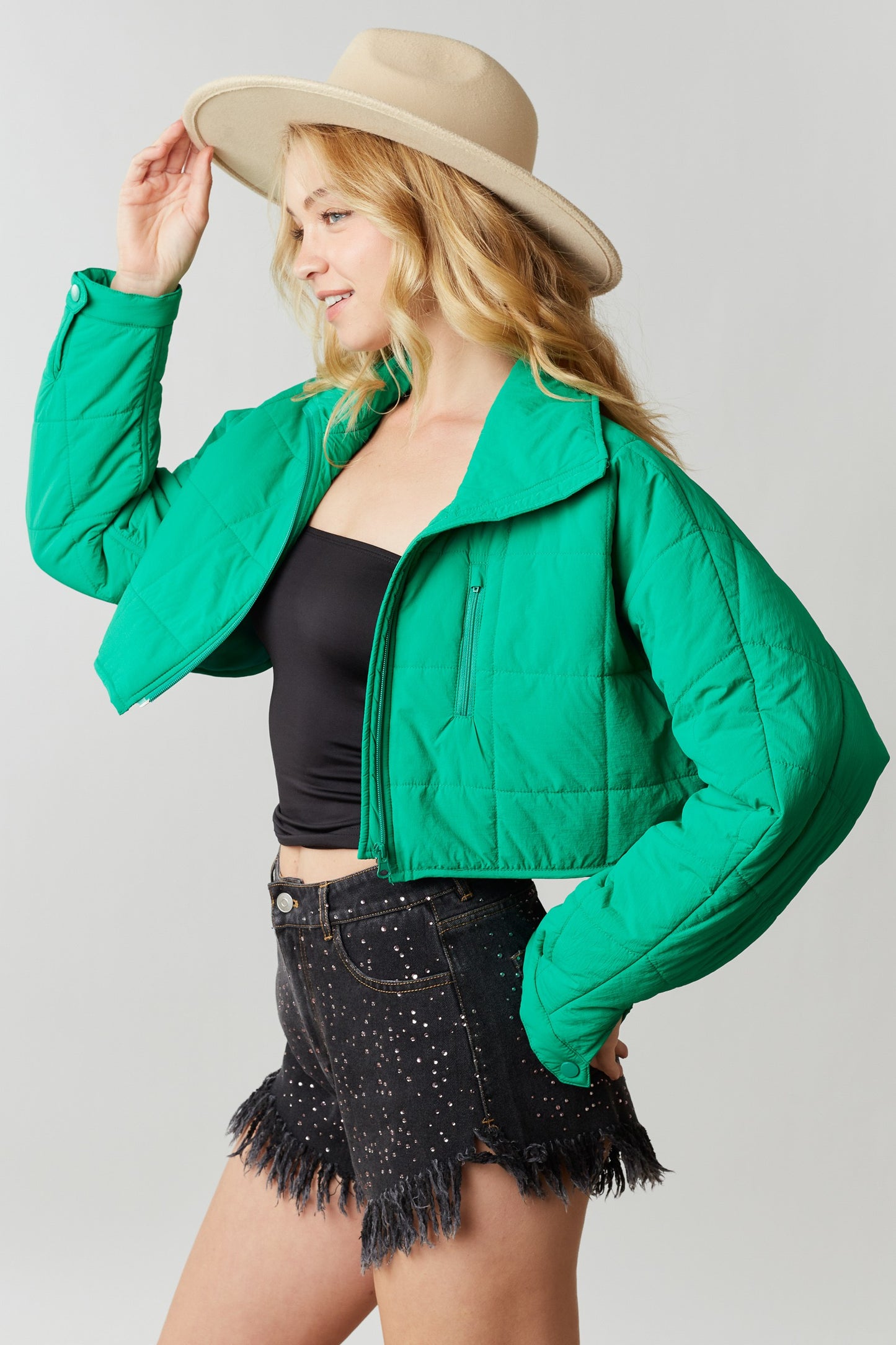 Quilted Crop Jacket - Kelly Green