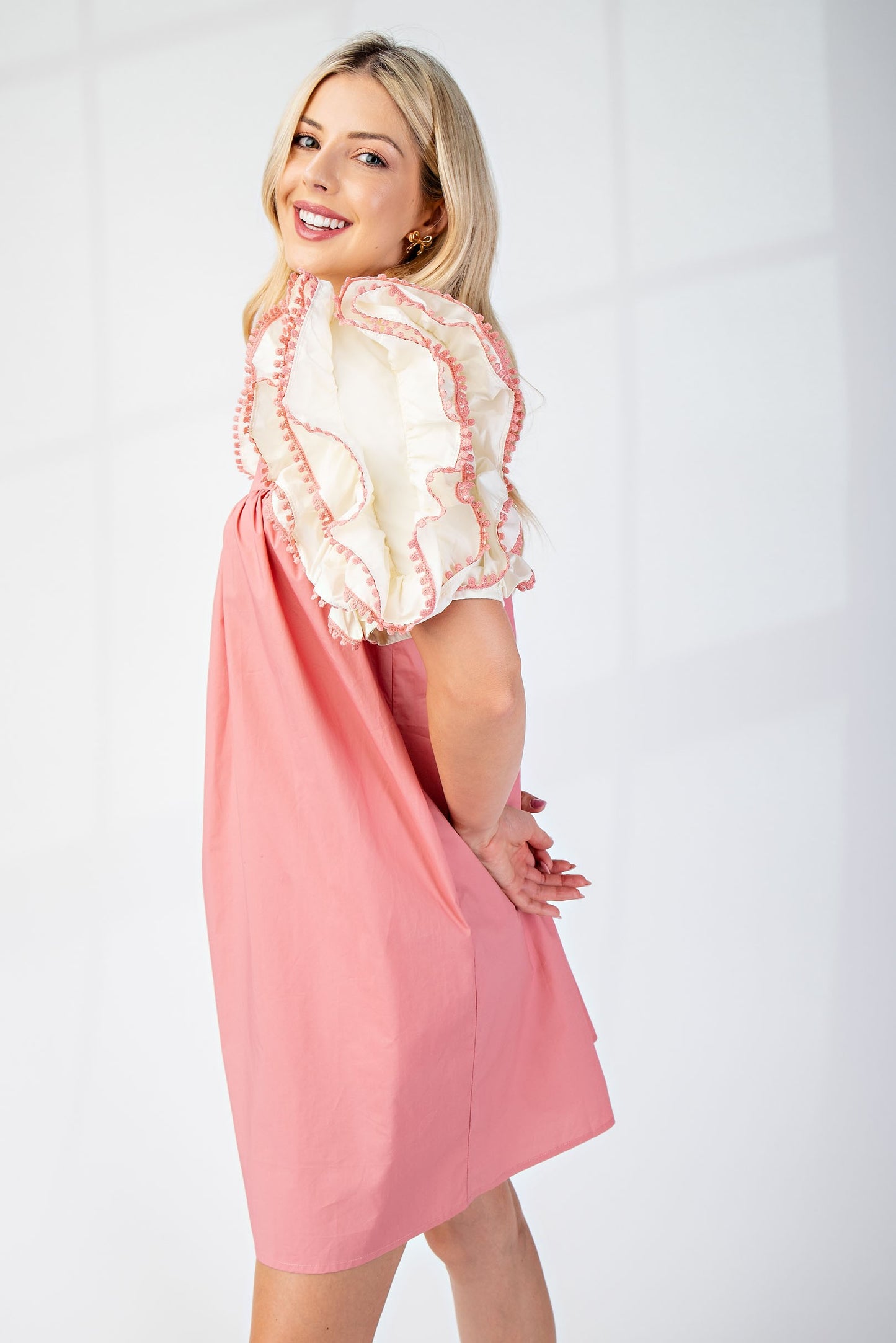 Pink Ruffle Sleeve Babydoll Dress