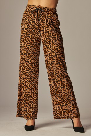Leopard Print Rib Drawstring Pocket Wide Leg Pant