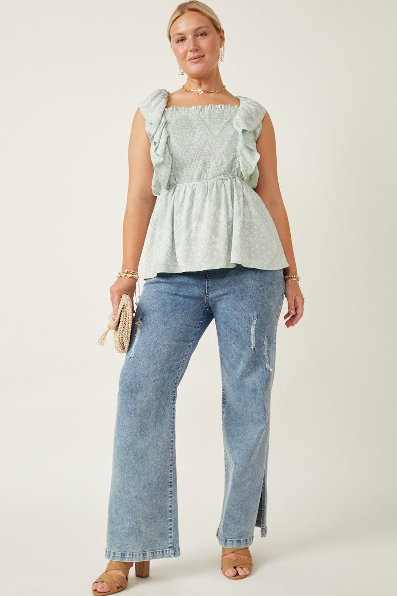 Plus Handkerchief Print Smocked Ruffle Tank