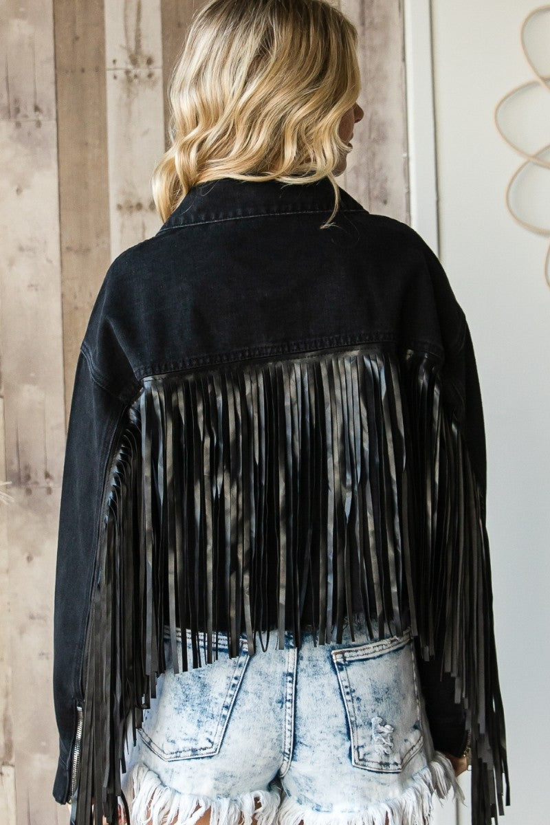 Plus Faux Leather Fringe Cropped Denim Jacket