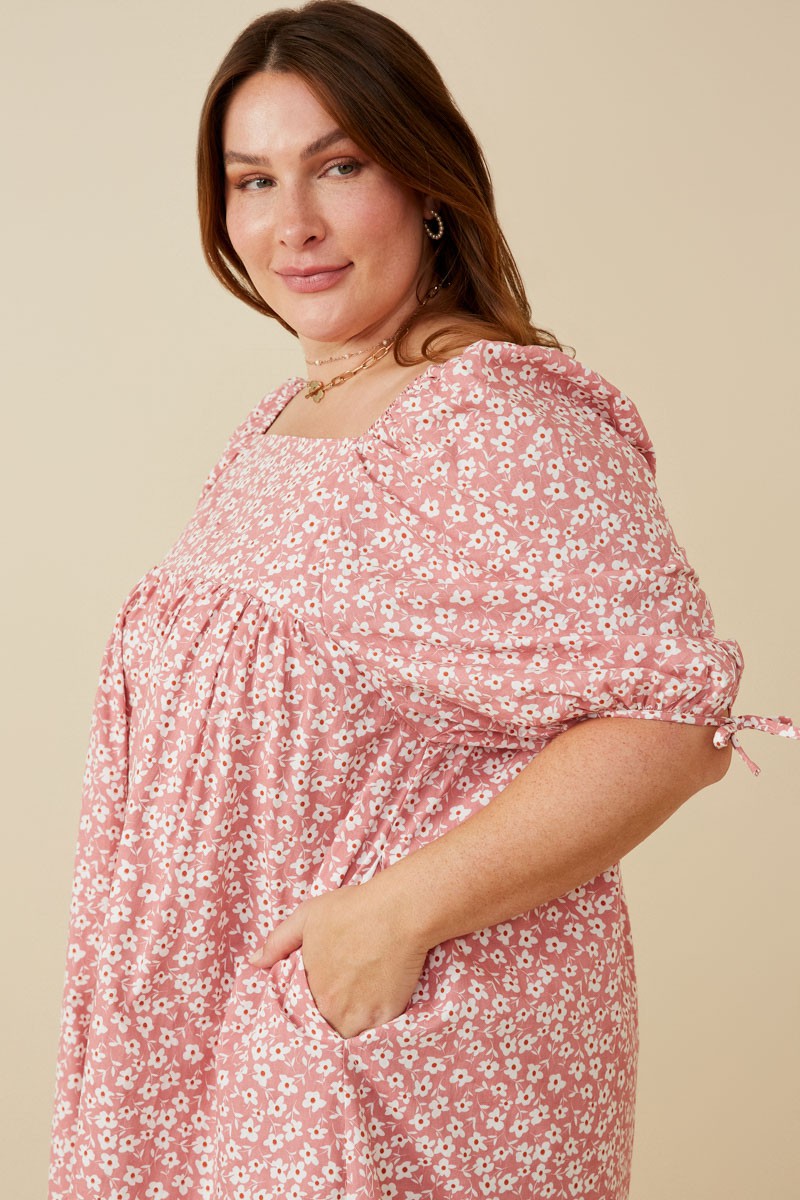 Plus Ditsy Floral Square Neck Poplin Dress