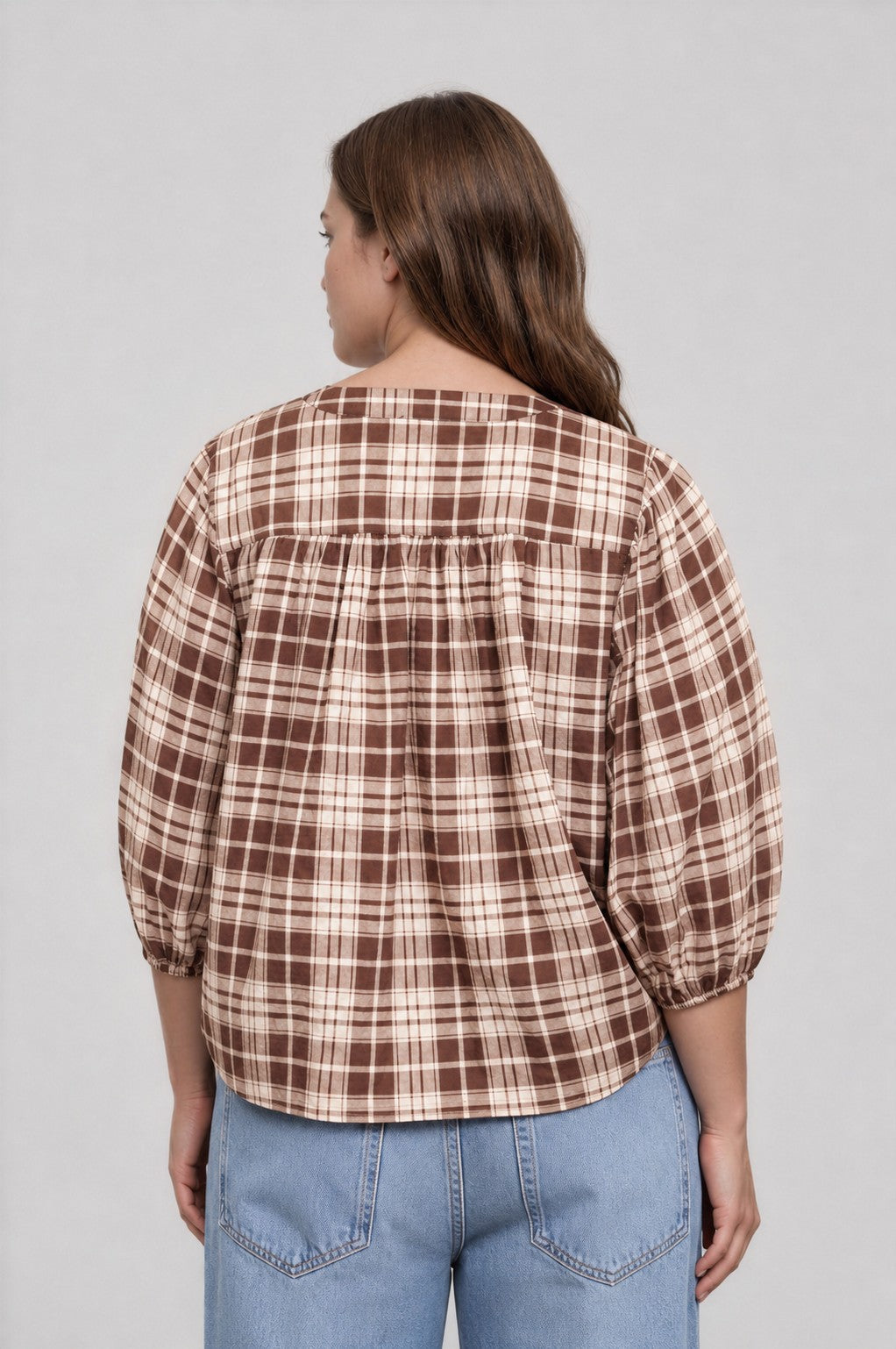 Plus Plaid Round Neck Button Front 3/4 Sleeve Top
