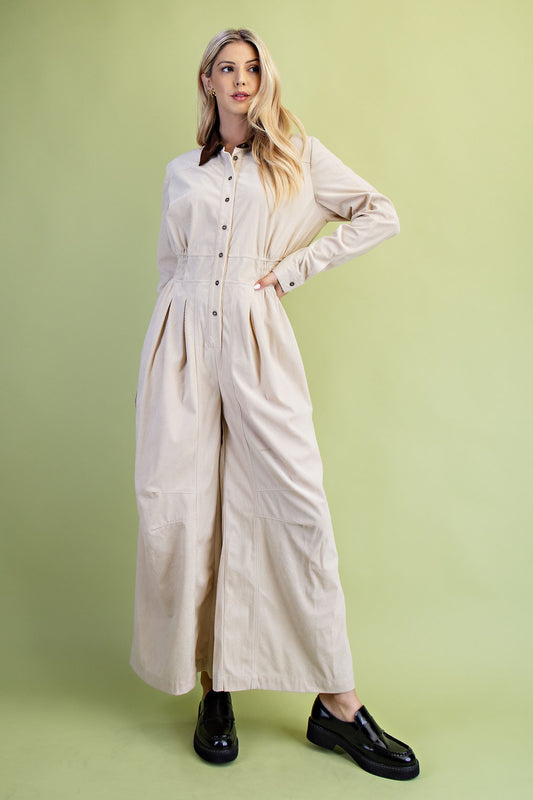Textured Velveteen Button Down Jumpsuit