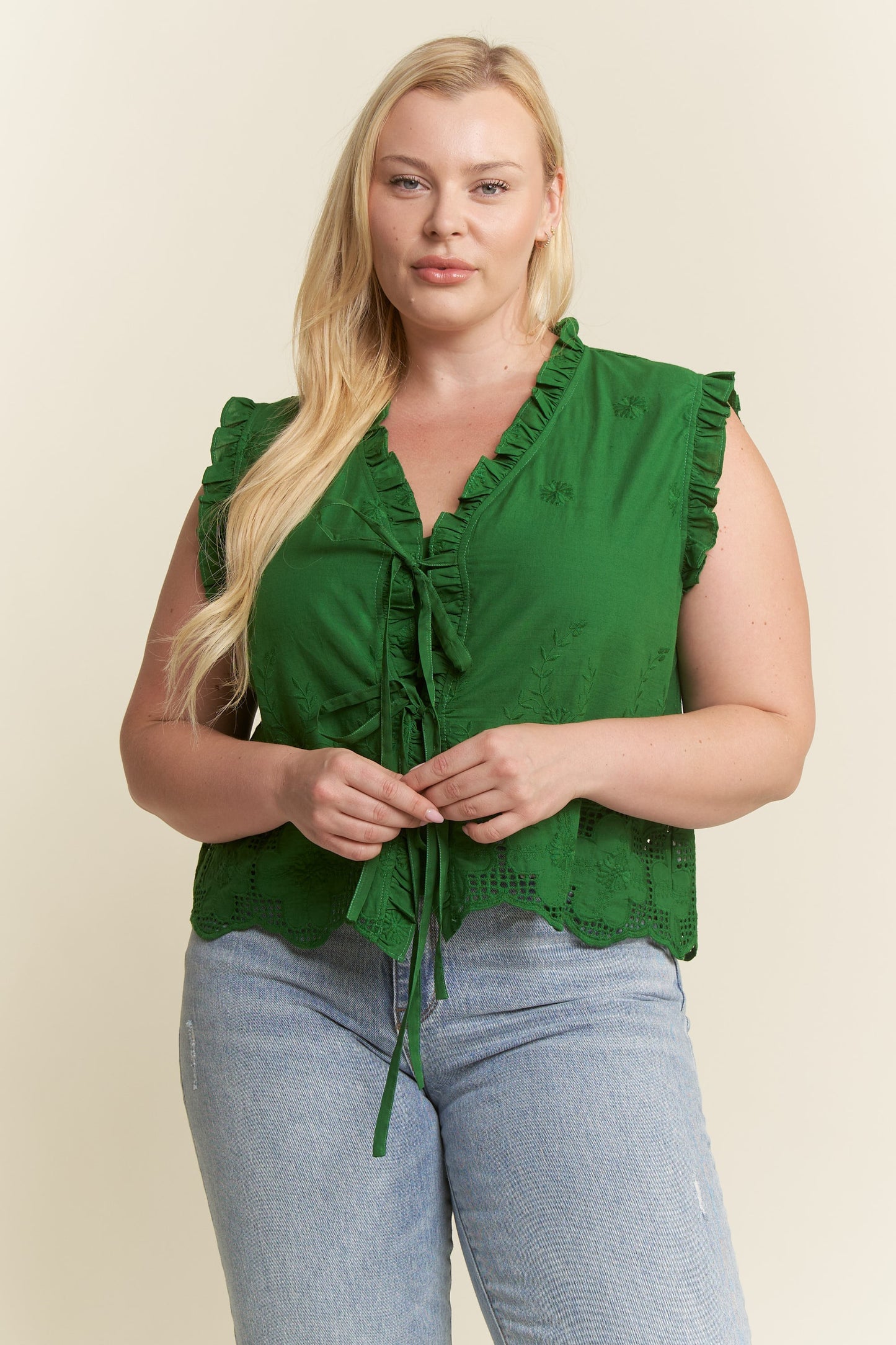 Sleeveless Ruffle Front Tie Top Plus