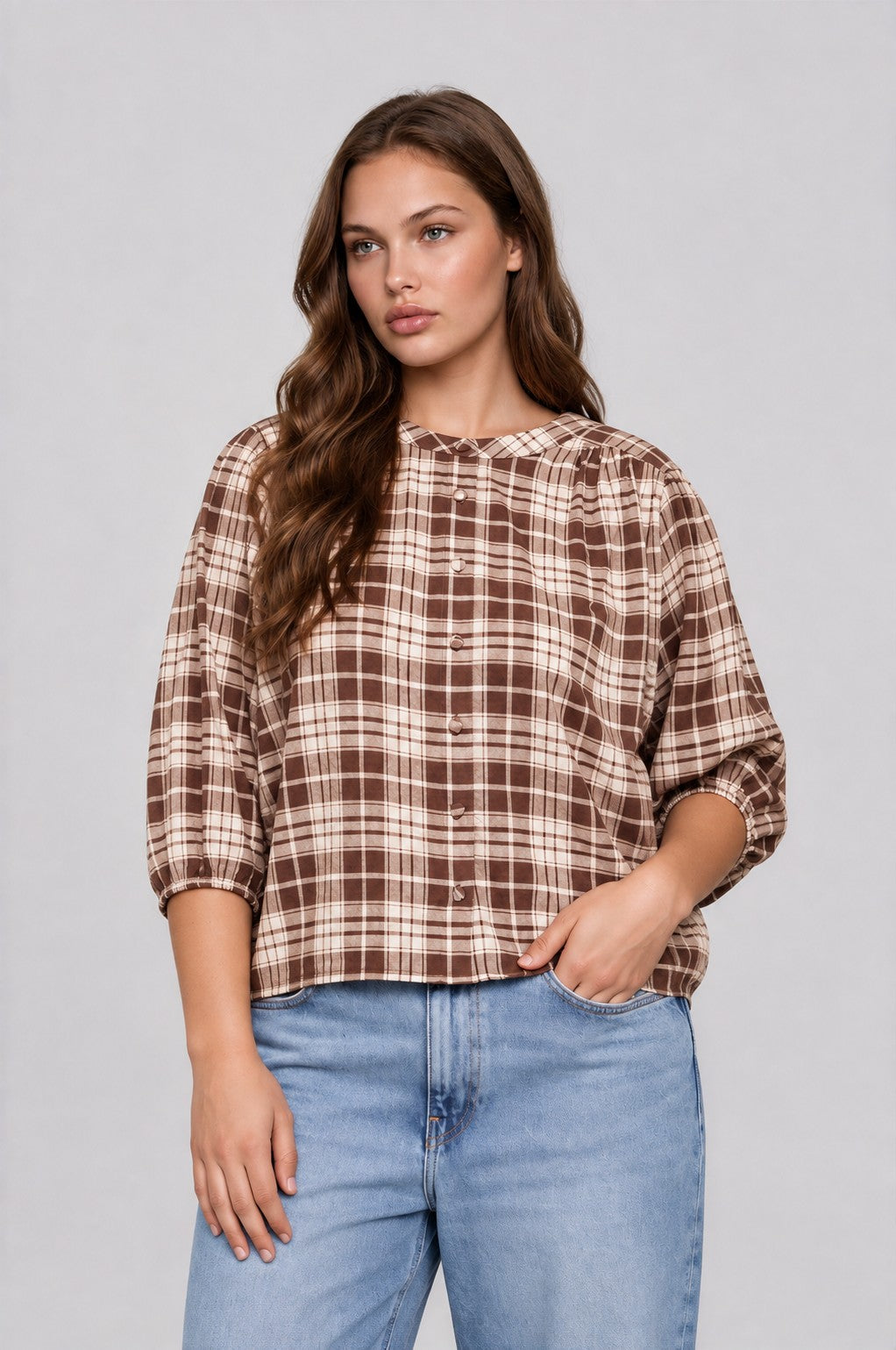 Plus Plaid Round Neck Button Front 3/4 Sleeve Top