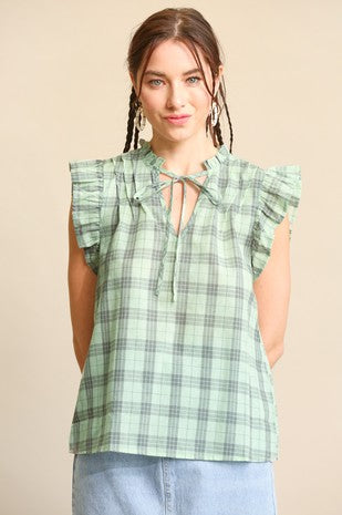 Sage Ruffle Plaid Tie-Top