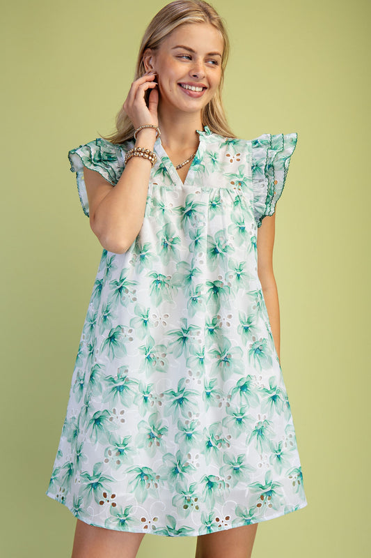 Floral Eyelet V-neck Mini Dress