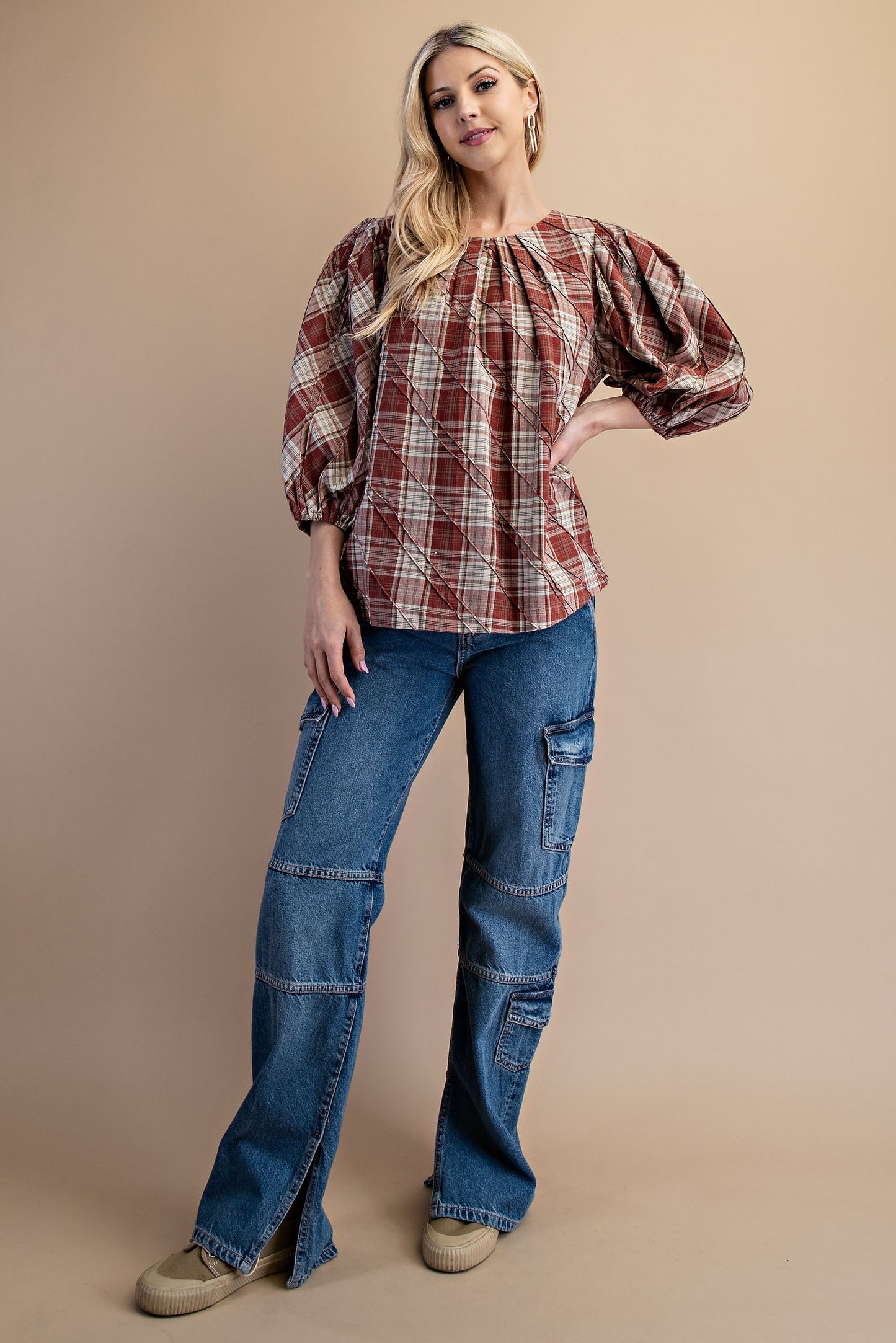 Plaid Puff Sleeve Blouse