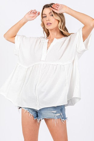 Washed Cotton V Neck Boxy Top